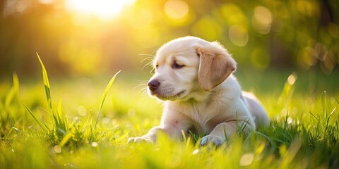 Wall Mural - Scratching puppy enjoying a sunny day in the meadow, puppy, dog, scratching, meadow, grass, happy, playful, outdoor, pet, fur, animal