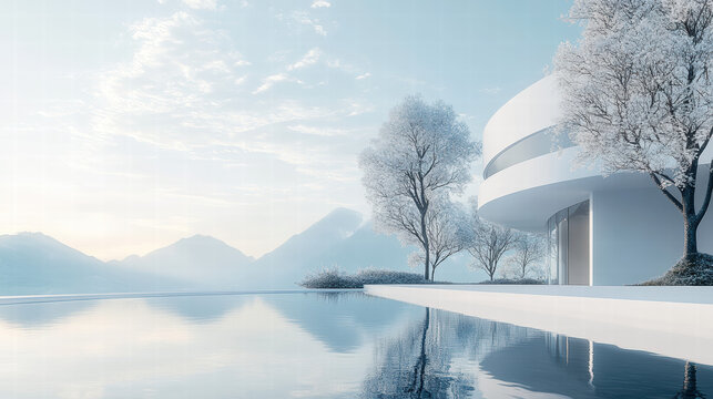 A white minimalist building with a pool, a sky-blue background, and a landscape of trees and mountains in the distance generative AI