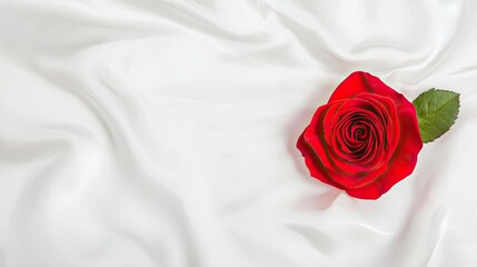 Poster - A beautiful red rose rests elegantly on soft white fabric, symbolizing love and purity.