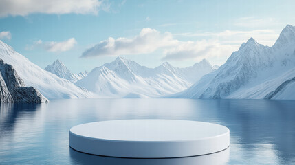 Wall Mural - white, empty podium for product presentation against the backdrop of snow-capped mountains and water