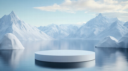 Wall Mural - white, empty podium for product presentation against the backdrop of snow-capped mountains and water