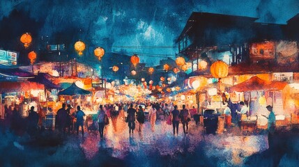 Wall Mural - Night market, lanterns, bustling crowd, watercolor.