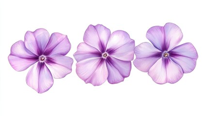 Wall Mural - Three Delicate Purple Phlox Flowers Isolated on White