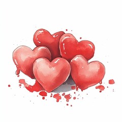 Poster - Vibrant watercolor hearts in an abstract line art composition  accented with bold red splashes  creating a symbolic and emotive representation of love and romance