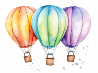 Poster - Vibrant Watercolor Minimalist Line Art of Hot Air Balloons Floating in a Playful Uplifting Mood  Serene and Calming Abstract with Colorful Watercolor Splashes Creating a Whimsical and Airy Atmosphere