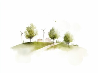Poster - Serene watercolor landscape depicting abstract line art of wind turbines and soft hazy highlights