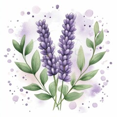 Poster - Soft and delicate lavender sprigs in a beautiful watercolor painting  surrounded by lush green leaves and subtle splashes of purple  creating a serene and ethereal floral composition