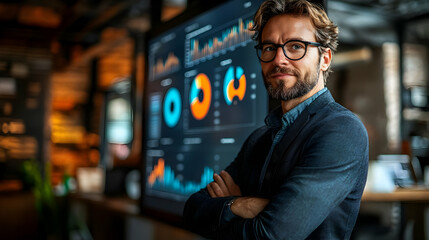 Poster - A confident professional stands in front of data visualizations in a modern office setting.