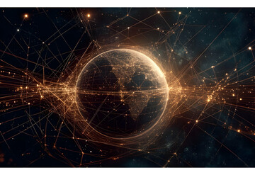 Poster - A digital representation of Earth surrounded by glowing lines and connections in space.