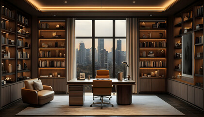 Poster - A modern office with a city view, featuring bookshelves and elegant furnishings.