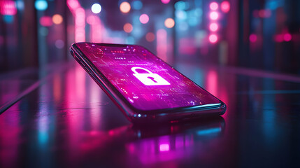 Fototapete - A smartphone displaying a digital lock symbol, highlighting security and technology themes.