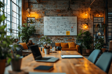 Poster - Cozy workspace with plants, wooden furniture, and creative wall art.