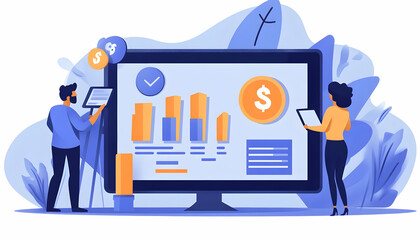 Poster - Two individuals analyzing financial data on a large screen with graphs and dollar symbols.