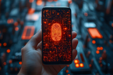 Poster - A hand holds a smartphone displaying a digital fingerprint on a circuit board background.