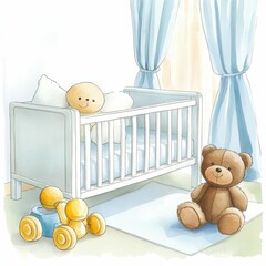 Poster - This enchanting watercolor depicts a serene and dreamy nursery scene  featuring a cozy crib surrounded by plush toys and adorned with delicate pastel curtains