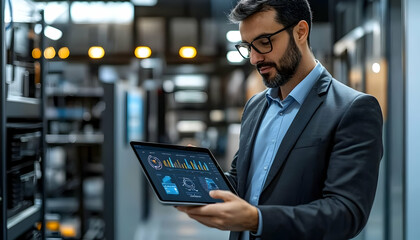 Poster - A professional examining data on a tablet in a modern tech environment.