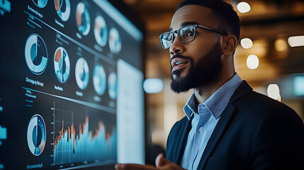 Poster - A professional man presenting data insights on a digital screen in a modern office setting.