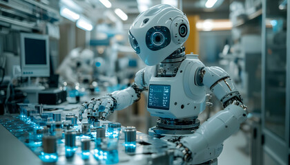 Poster - A humanoid robot interacts with equipment in a high-tech laboratory setting.