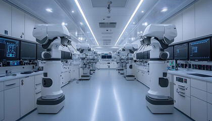 Poster - A high-tech laboratory with robotic arms and screens for advanced research and automation.