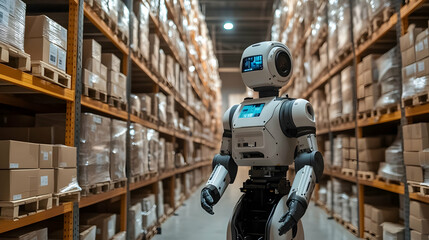 Poster - A robot navigates a warehouse filled with stacked boxes, showcasing automation in logistics.