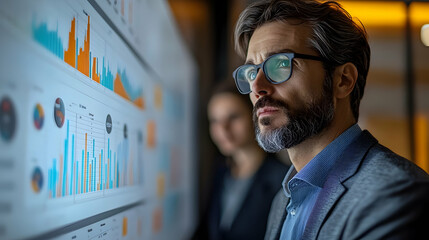 Poster - A professional man analyzes digital data on a screen, showcasing business insights.