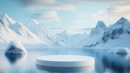 Wall Mural - white, empty podium for product presentation against the backdrop of snow-capped mountains and water