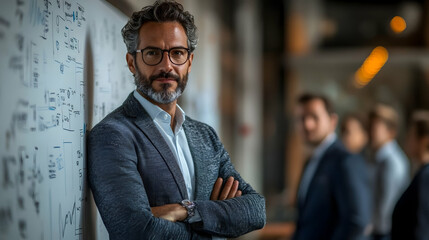 Poster - A confident businessman stands in an office setting, with colleagues blurred in the background.