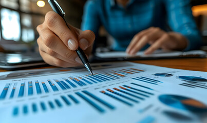 Poster - A person analyzing data charts and graphs with a pen, focusing on business metrics.