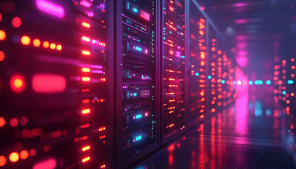 Poster - A futuristic server room illuminated by vibrant lights, showcasing data storage technology.