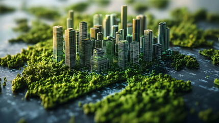 Poster - a miniature urban landscape surrounded by greenery, showcasing city development and nature.