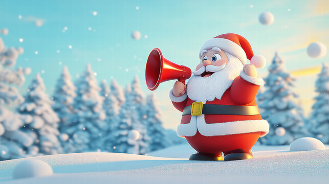 3D cartoon illustration of Santa Claus holding a megaphone, with a winter landscape background, in a simple design