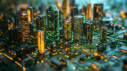 Poster - a futuristic cityscape with illuminated skyscrapers and a digital circuit-like base.