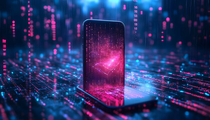Fototapete - A futuristic smartphone displaying vibrant digital data streams and a cosmic background.