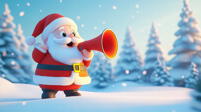3D cartoon illustration of Santa Claus holding a megaphone, with a winter landscape background, in a simple design