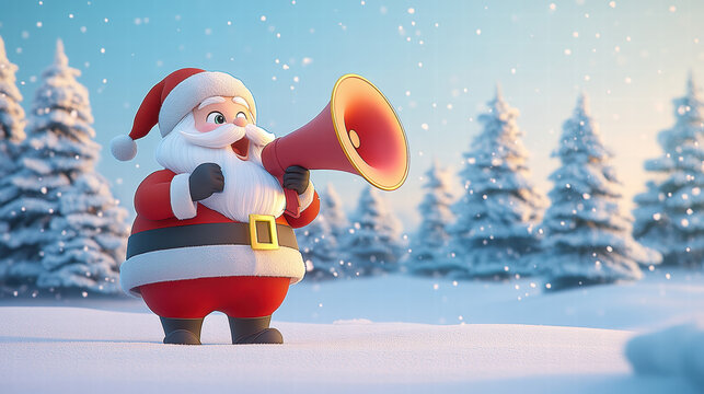 3D cartoon illustration of Santa Claus holding a megaphone, with a winter landscape background, in a simple design
