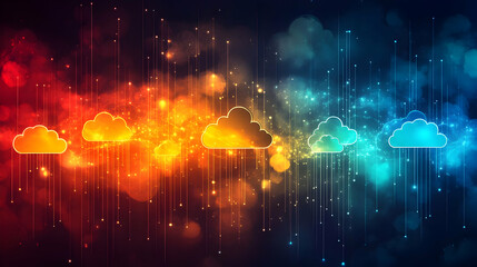 Poster - Colorful cloud icons with glowing particles representing digital technology and data storage.