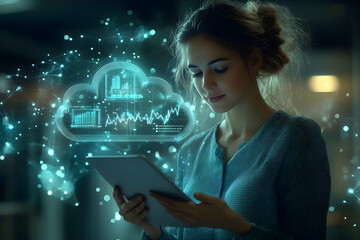 Poster - A woman interacts with a tablet, visualizing data and cloud technology.