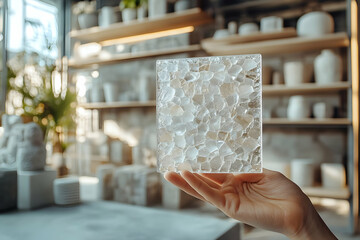 Poster - A hand holds a textured glass piece against a backdrop of artistic decor and pottery.