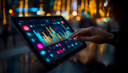Poster - A person interacting with a digital interface displaying colorful data visualizations.