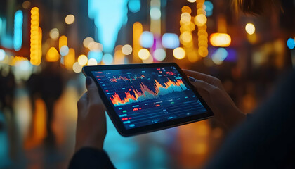 Poster - A person holding a tablet displaying data visualizations in a bustling urban environment.