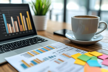 Poster - A workspace featuring a laptop, coffee, documents, and colorful sticky notes.