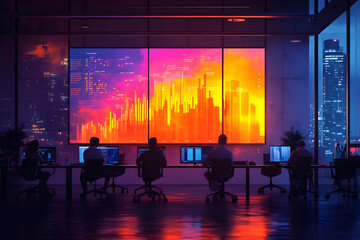Poster - A group of professionals analyzing data in a modern office with a cityscape view.
