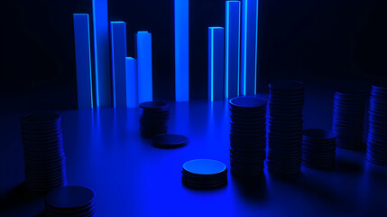 Poster - A futuristic scene featuring stacks of coins and glowing bars, suggesting finance or data analysis.