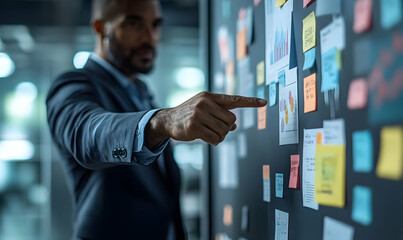 Poster - A professional pointing at a wall covered with colorful sticky notes in an office setting.