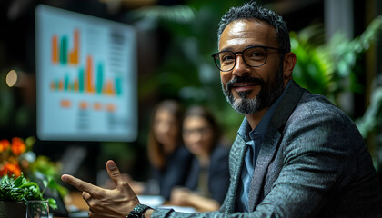 Poster - A businessman presents data in a meeting, surrounded by colleagues and greenery.