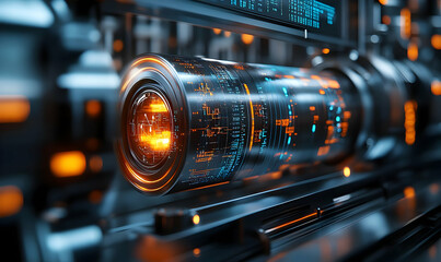 Poster - A futuristic cylindrical device with glowing elements and digital patterns, suggesting advanced technology.