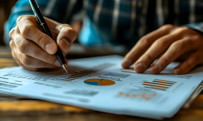 Poster - A person analyzing reports with graphs and charts, indicating business analysis.