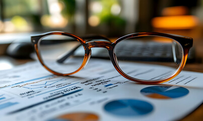 Poster - A close-up of glasses resting on a financial report with graphs and charts.