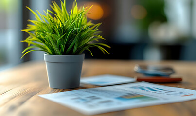  - A small potted plant on a wooden table with documents and a pen, suggesting a workspace.