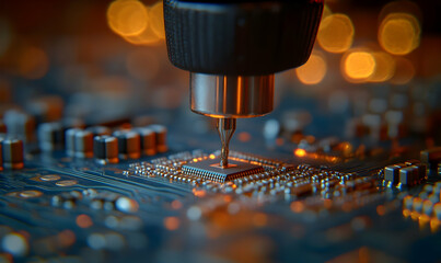 Poster - Close-up of a precision tool working on a circuit board, highlighting technology and innovation.